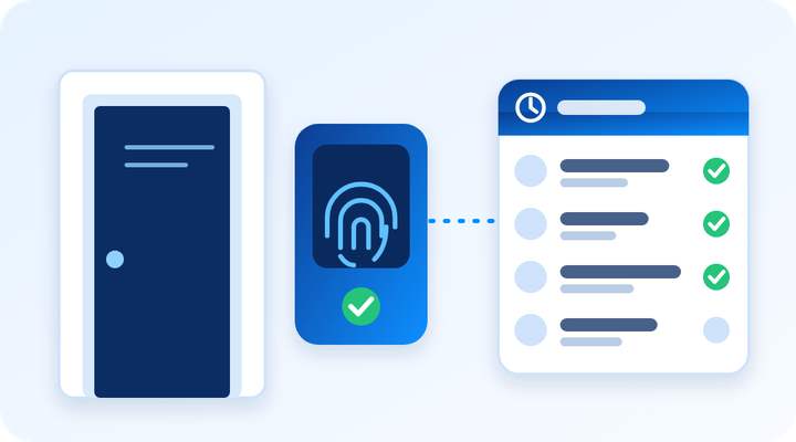 Fingerprint door reader next to a door and an attendance list on a tablet
