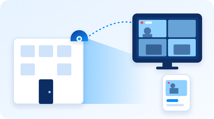 Building with a security camera, live monitor and phone showing camera feeds