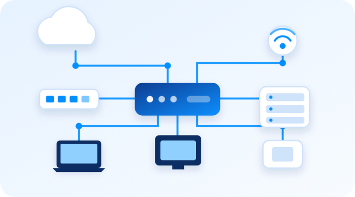 Network diagram showing a router connecting a switch, Wi-Fi access point, server, laptop and computers